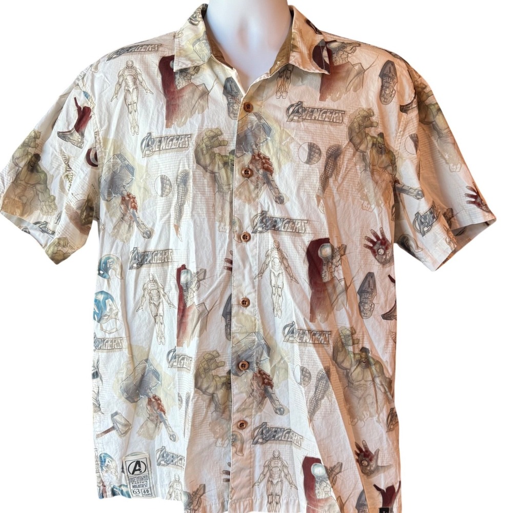 Marvel Avengers Button Up Shirt All Over Print Comic Book Superheroes Size L